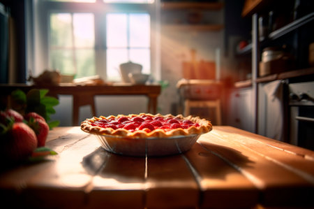 baked homemade strawberry pie, on rustic wooden table, kitchen background. AI generated. Selective focus. closeupの素材