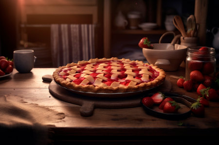 baked homemade strawberry pie, on rustic wooden table, kitchen background. AI generated. Selective focus. closeupの素材