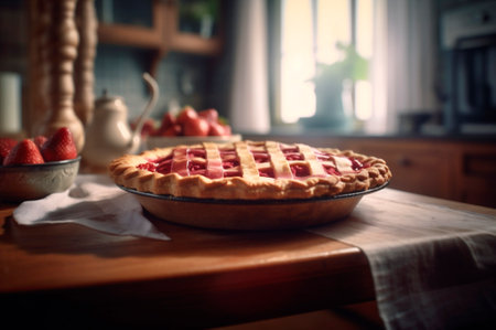 baked homemade strawberry pie, on rustic wooden table, kitchen background. AI generated. Selective focus. closeupの素材