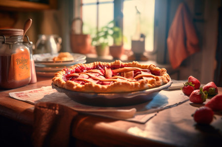 baked homemade strawberry pie, on rustic wooden table, kitchen background. AI generated. Selective focus. closeupの素材