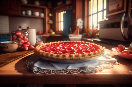 baked homemade strawberry pie, on rustic wooden table, kitchen background. AI generated. Selective focus. closeupの素材
