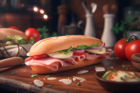 Homemade submarine baguette sandwich with ham, cheese, bacon, tomato, lettuce, cucumber and onion. AI generated. front viewの素材