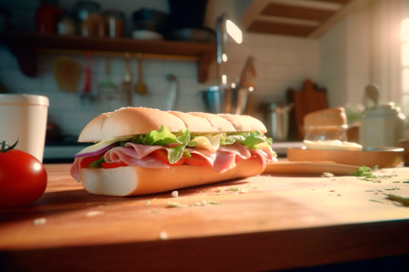 Homemade submarine baguette sandwich with ham, cheese, bacon, tomato, lettuce, cucumber and onion. AI generated. front viewの素材