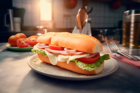 Homemade submarine baguette sandwich with ham, cheese, bacon, tomato, lettuce, cucumber and onion. AI generated. front viewの素材