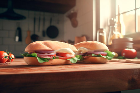 Homemade submarine baguette sandwich with ham, cheese, bacon, tomato, lettuce, cucumber and onion. AI generated. front viewの素材