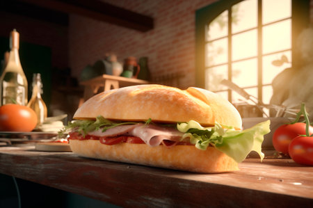 Homemade submarine baguette sandwich with ham, cheese, bacon, tomato, lettuce, cucumber and onion. AI generated. front viewの素材
