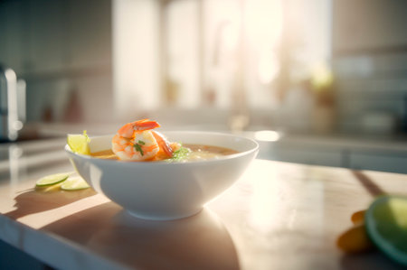 Delicious shrimp soup with coconut milk and curry in bowl on kitchen table. AI generated. front viewの素材