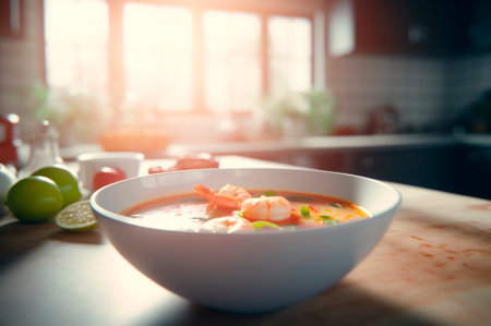 Delicious shrimp soup with coconut milk and curry in bowl on kitchen table. AI generated. front viewの素材