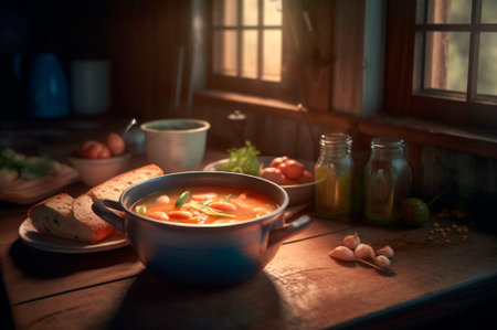 Delicious shrimp soup with coconut milk and curry in bowl on kitchen table. AI generated. front viewの素材