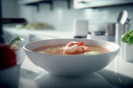 Delicious shrimp soup with coconut milk and curry in bowl on kitchen table. AI generated. front viewの素材