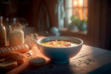 Delicious shrimp soup with coconut milk and curry in bowl on kitchen table. AI generated. front viewの素材