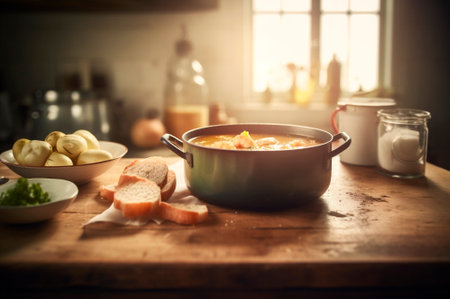 Delicious shrimp soup with coconut milk and curry in bowl on kitchen table. AI generated. front view