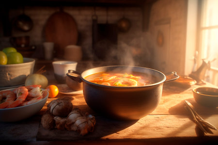 Delicious shrimp soup with coconut milk and curry in bowl on kitchen table. AI generated. front viewの素材