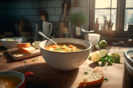 Delicious shrimp soup with coconut milk and curry in bowl on kitchen table. AI generated. front viewの素材