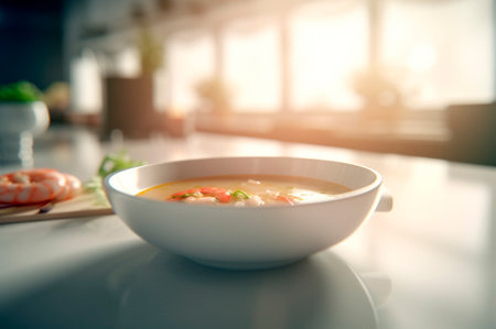 Delicious shrimp soup with coconut milk and curry in bowl on kitchen table. AI generated. front viewの素材