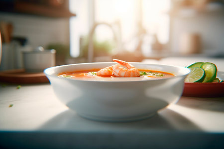 Delicious shrimp soup with coconut milk and curry in bowl on kitchen table. AI generated. front viewの素材