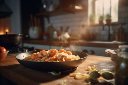 A delicious shrimp dish with fettuccine pasta on a kitchen table. AI generated. front viewの素材