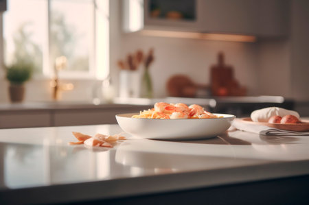 A delicious shrimp dish with fettuccine pasta on a kitchen table. AI generated. front viewの素材