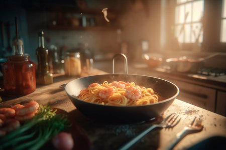 A delicious shrimp dish with fettuccine pasta on a kitchen table. AI generated. front viewの素材