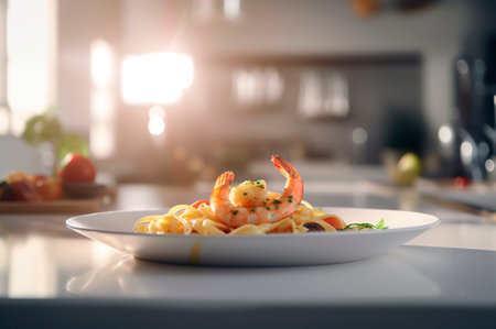 A delicious shrimp dish with fettuccine pasta on a kitchen table. AI generated. front viewの素材