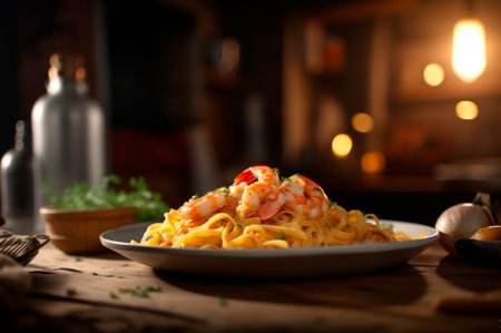 A delicious shrimp dish with fettuccine pasta on a kitchen table. AI generated. front viewの素材