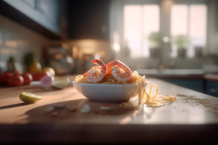 A delicious shrimp dish with fettuccine pasta on a kitchen table. AI generated. front viewの素材