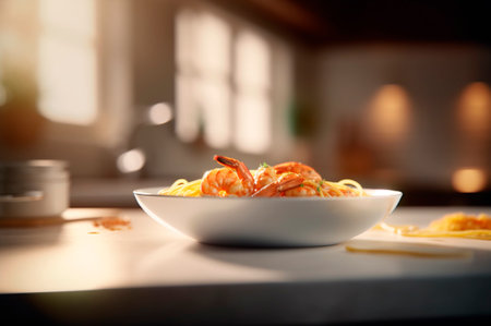 A delicious shrimp dish with fettuccine pasta on a kitchen table. AI generated. front viewの素材