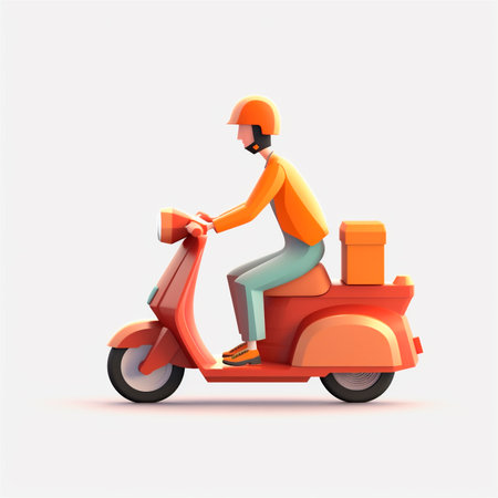 Delivery man riding moped scooter. 3D icon cartoon style isolated on white background. AI generated. side viewの素材