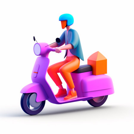 Delivery man riding moped scooter. 3D icon cartoon style isolated on white background. AI generated. side viewの素材