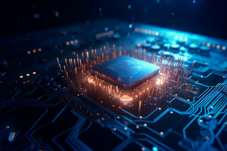CPU advanced central processing unit concept network security. Motherboard chip. Technology science background. AI generated. Selective focus. closeupの素材