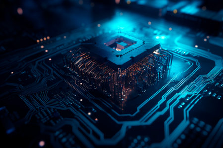 CPU advanced central processing unit concept network security. Motherboard chip. Technology science background. AI generated. Selective focus. closeupの素材