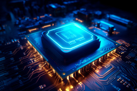 CPU advanced central processing unit concept network security. Motherboard chip. Technology science background. AI generated. Selective focus. closeupの素材