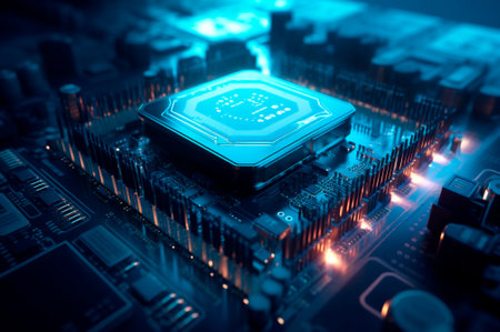 CPU advanced central processing unit concept network security. Motherboard chip. Technology science background. AI generated. Selective focus. closeupの素材