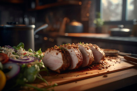 Homemade Roast Pork Tenderloin with roasted potatoes, fine herbs and almonds on cutting board. AI generated. close-up viewの素材