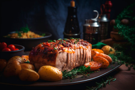 Homemade Roast Pork Tenderloin with roasted potatoes, fine herbs and almonds on cutting board. AI generated. close-up viewの素材