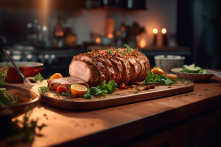 Homemade Roast Pork Tenderloin with roasted potatoes, fine herbs and almonds on cutting board. AI generated. close-up viewの素材