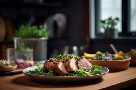 Homemade Roast Pork Tenderloin with roasted potatoes, fine herbs and almonds on cutting board. AI generated. close-up viewの素材