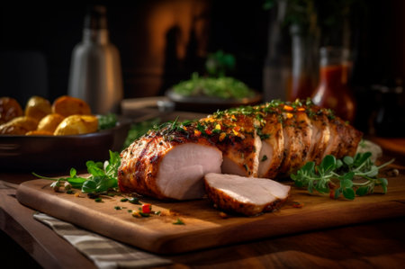 Homemade Roast Pork Tenderloin with roasted potatoes, fine herbs and almonds on cutting board. AI generated. close-up viewの素材