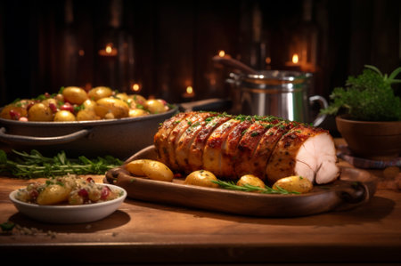 Homemade Roast Pork Tenderloin with roasted potatoes, fine herbs and almonds on cutting board. AI generated. close-up viewの素材