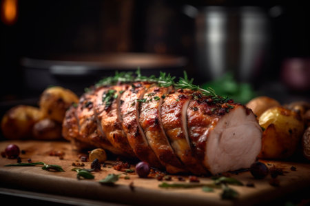 Homemade Roast Pork Tenderloin with roasted potatoes, fine herbs and almonds on cutting board. AI generated. close-up viewの素材