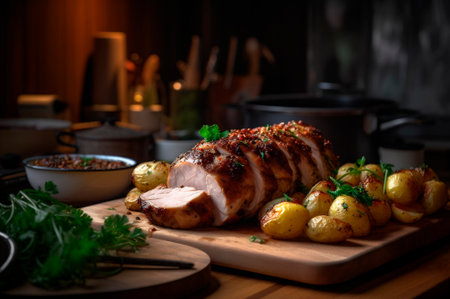 Homemade Roast Pork Tenderloin with roasted potatoes, fine herbs and almonds on cutting board. AI generated. close-up viewの素材