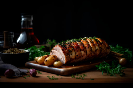 Homemade Roast Pork Tenderloin with roasted potatoes, fine herbs and almonds on cutting board. AI generated. close-up viewの素材