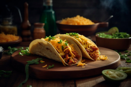 tacos with hashbrowns, scrambled, eggs and bacon topped with cheese and green onion. AI generated. front viewの素材