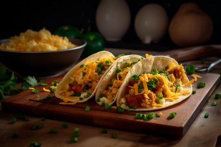 tacos with hashbrowns, scrambled, eggs and bacon topped with cheese and green onion. AI generated. front viewの素材
