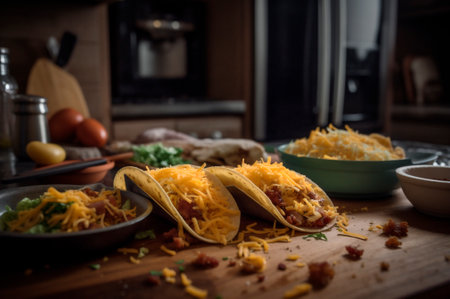 tacos with hashbrowns, scrambled, eggs and bacon topped with cheese and green onion. AI generated. front viewの素材