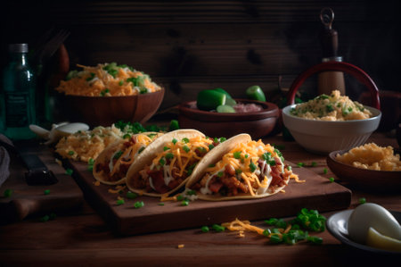 tacos with hashbrowns, scrambled, eggs and bacon topped with cheese and green onion. AI generated. front viewの素材