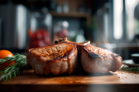 Grilled or pan roasted pork chops on the bone with garlic, rosemary and fine herbs. AI generated. closeupの素材