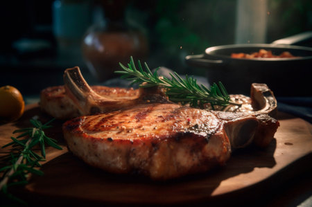 Grilled or pan roasted pork chops on the bone with garlic, rosemary and fine herbs. AI generated. closeupの素材