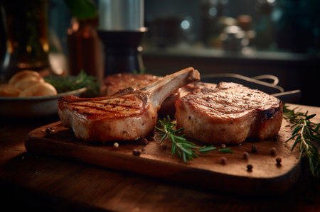 Grilled or pan roasted pork chops on the bone with garlic, rosemary and fine herbs. AI generated. closeupの素材