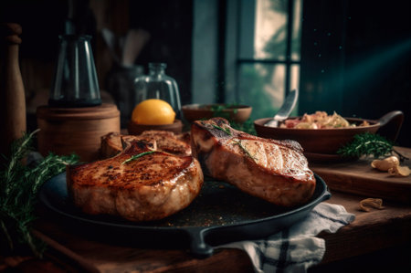 Grilled or pan roasted pork chops on the bone with garlic, rosemary and fine herbs. AI generated. closeupの素材